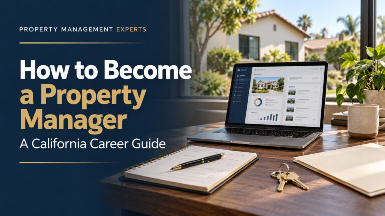 Property management workspace with a laptop, study notebook and house keys beside the headline “How to Become a Property Manager.”